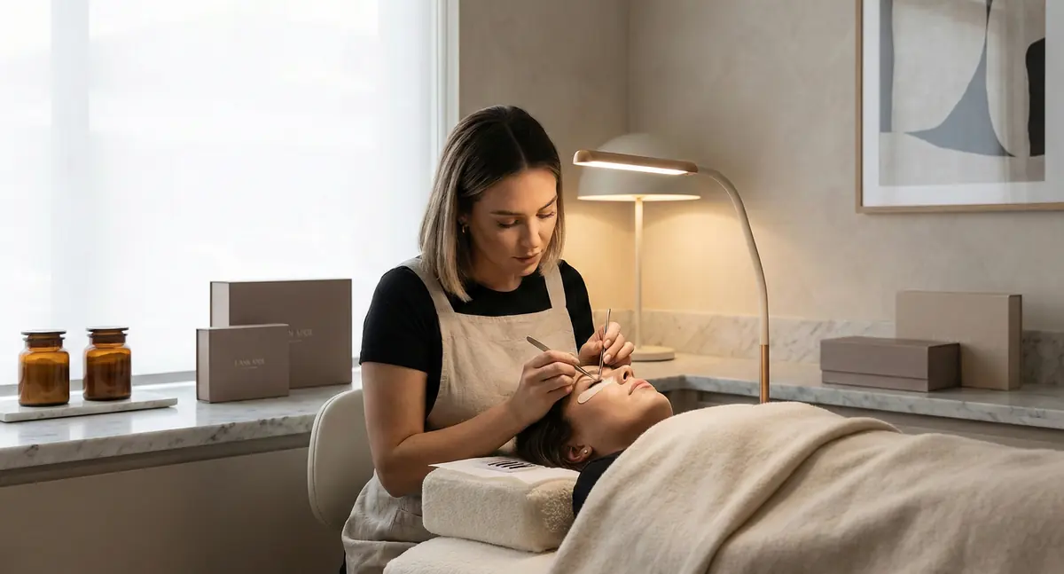 Wimpernbehandlung im Le Noa Studio – Stylistin arbeitet an den Wimpern einer liegenden Kundin in ruhigem, hellem Behandlungsraum
