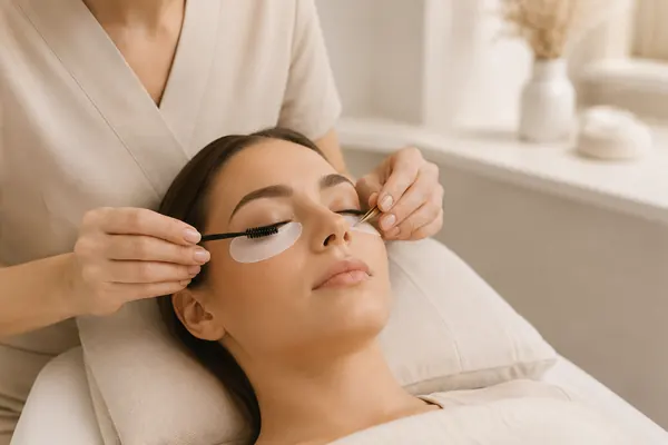 Korean Lash Lifting Behandlung mit Silikonpads an den Augen einer Kundin