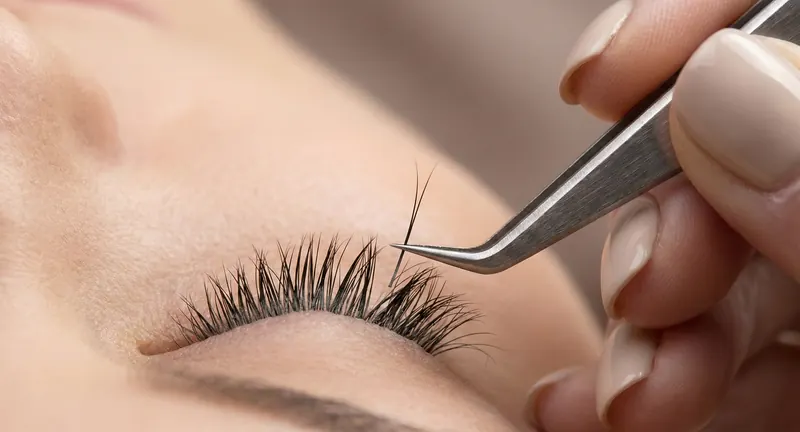 Präzises Setzen einer einzelnen Wimpernverlängerung mit einer Pinzette